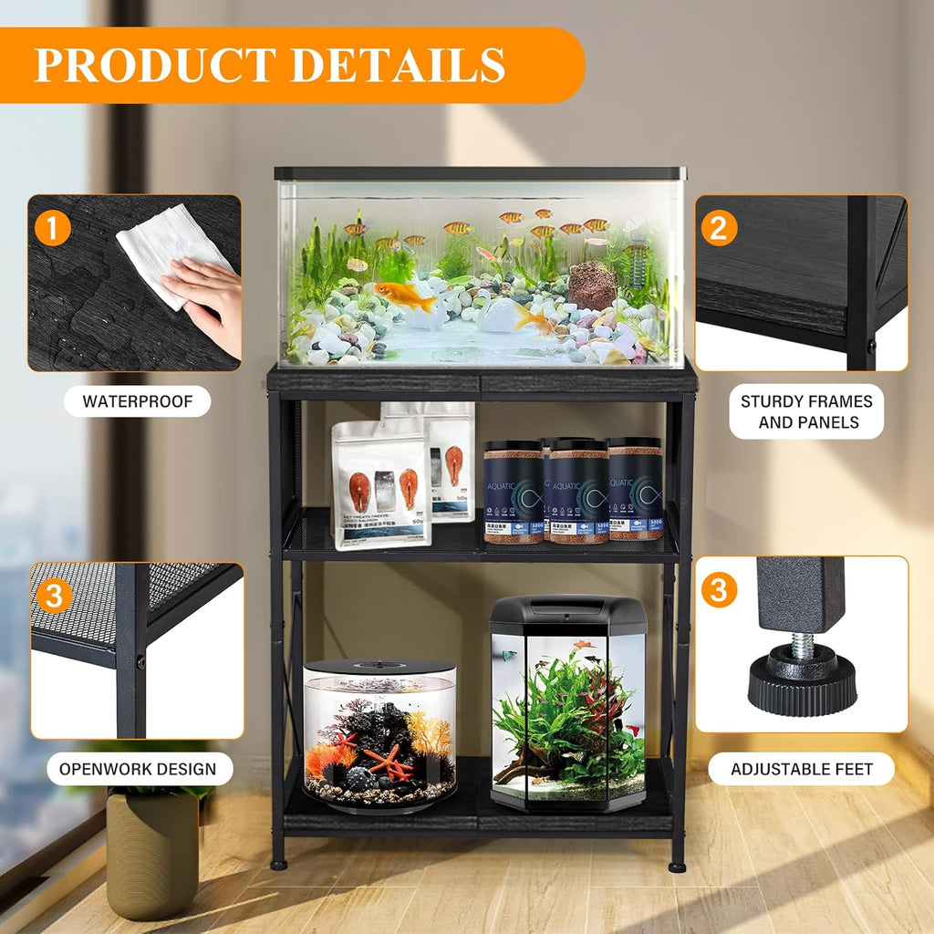 LALA IKAI Fish Tank Stand, 10-20 Gallon Metal Aquarium Stand Table with 2 Tiers Storage Shelf, 4-Leg Reptile Tank Stand, Black