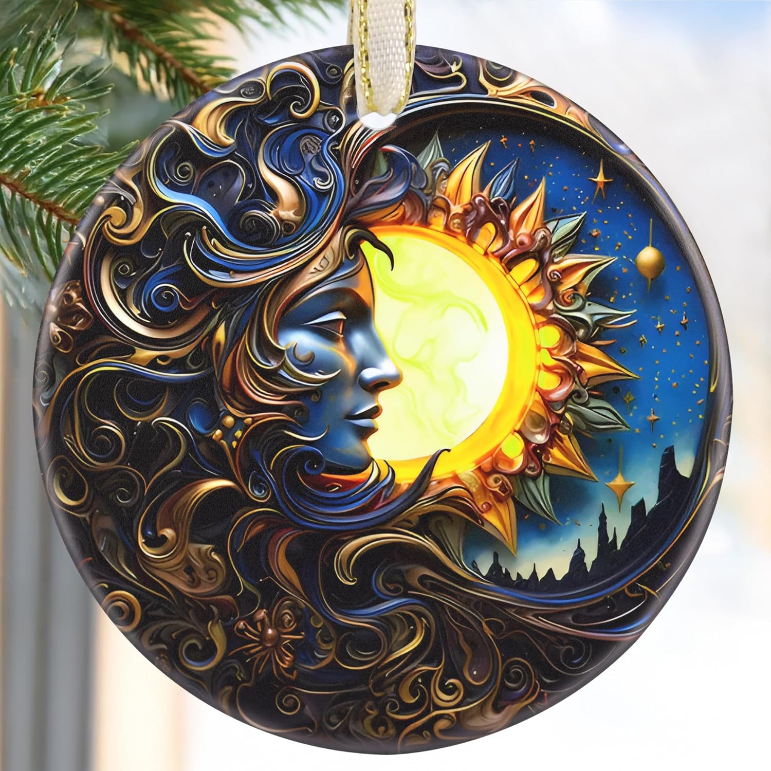 2025 Ornament, Christmas Ornaments, Round Ceramic, Christmas Decor, Holiday Ornament, Gift Idea, Gift Exchange, Gifts for Friends - Sun and Moon