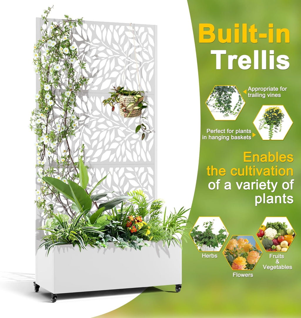 FENCY Metal Raised Garden Bed with Wheels and Trellis,73"x35"x16" Planter Box for Climbing Plants, Vegetables & Vines, Features Privacy Screen and Drainage Holes (White-Leaf-2)