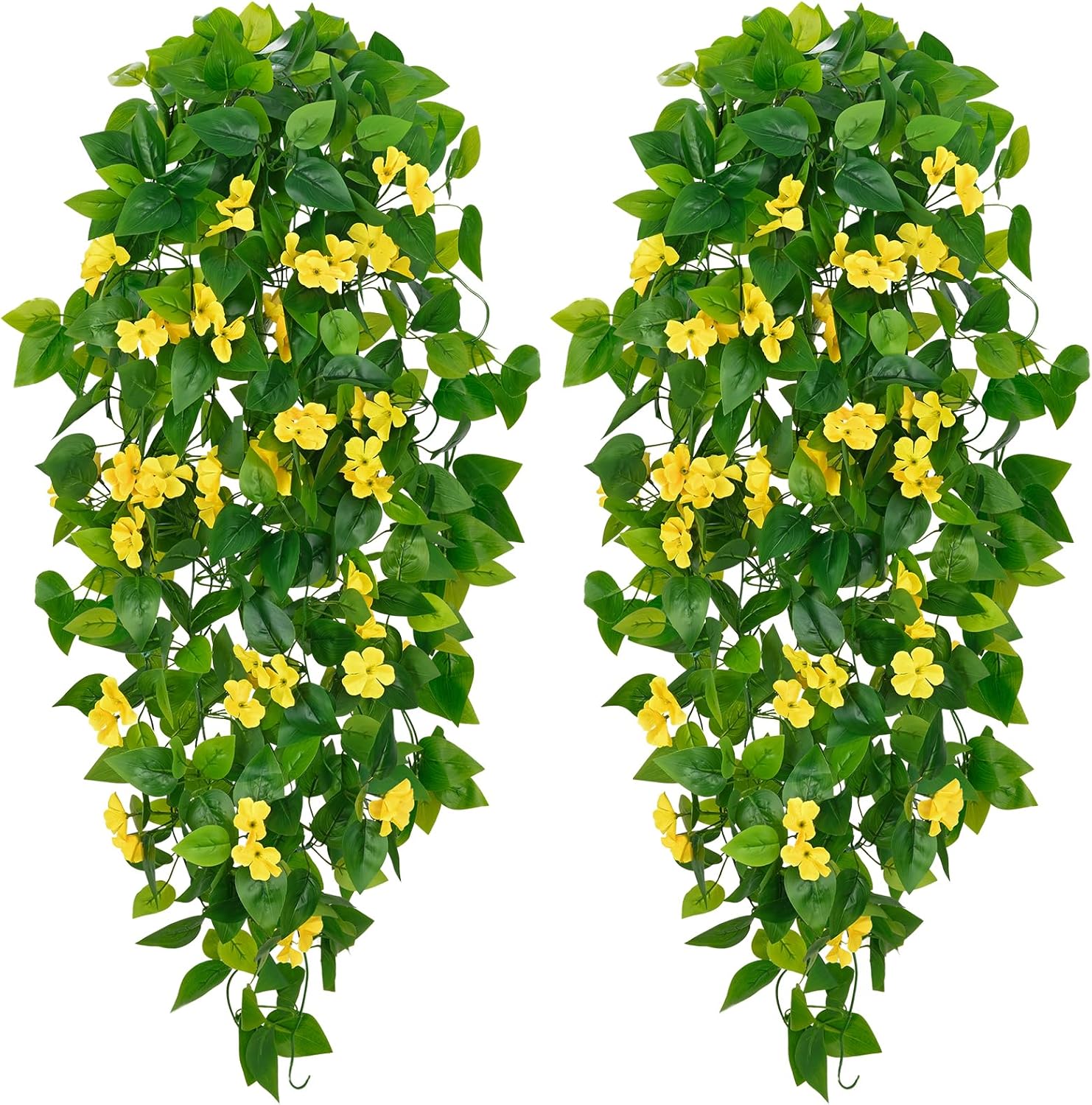 BLEUM CADE Artificial Hanging Flowers for Outdoors, 2pcs Fake Hanging Plants Pothos Vines with Yellow Flowers for Wall Home Living Room Indoor Outdoor Decor (No Baskets)