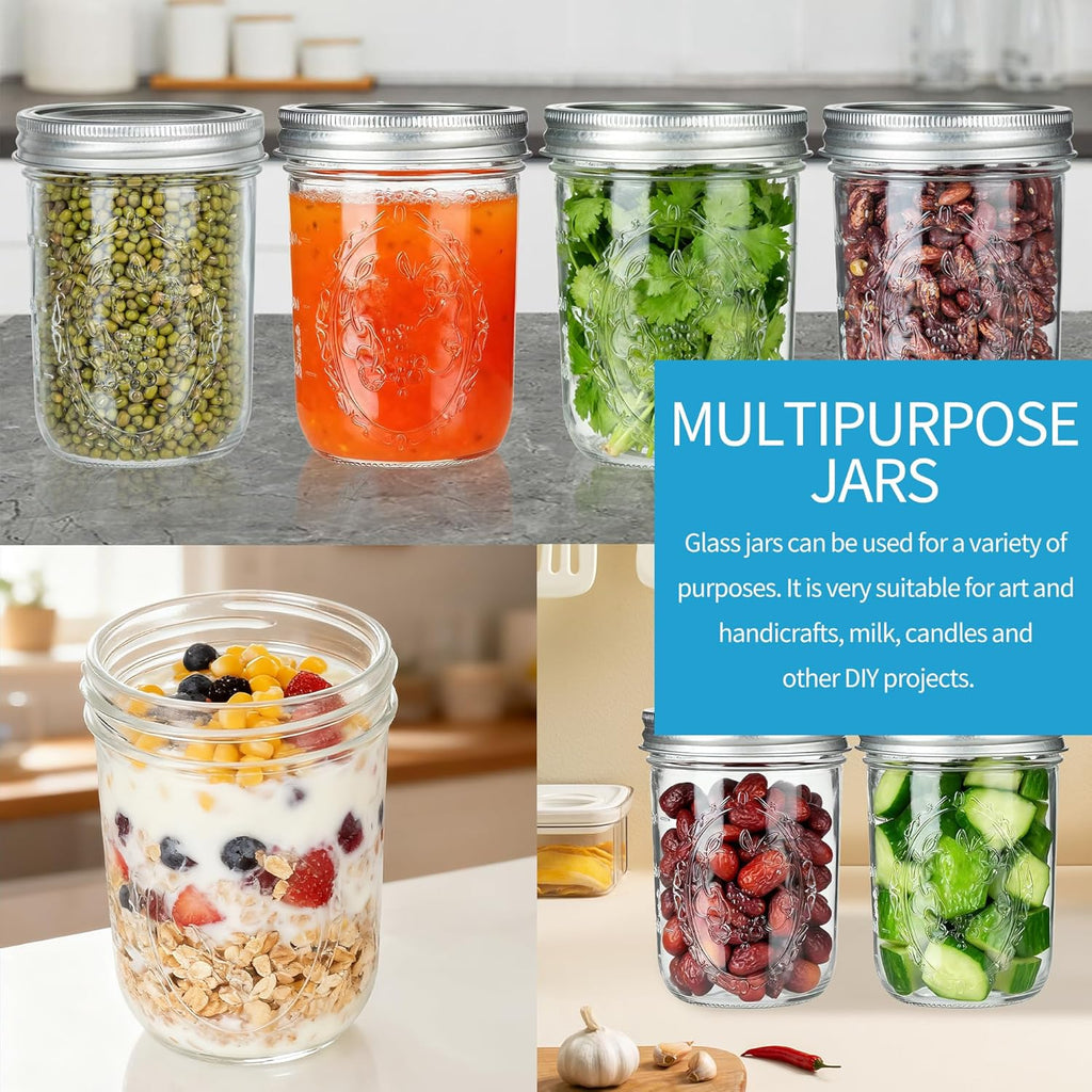 P&C GOODS Wide Mouth Mason Jars 16 oz with Lids 8 Pack, Canning Jars with Metal Airtight Lids and Bands, 16 oz Mason Jars for Fermenting, Freezing, Preserving, Meal Prep