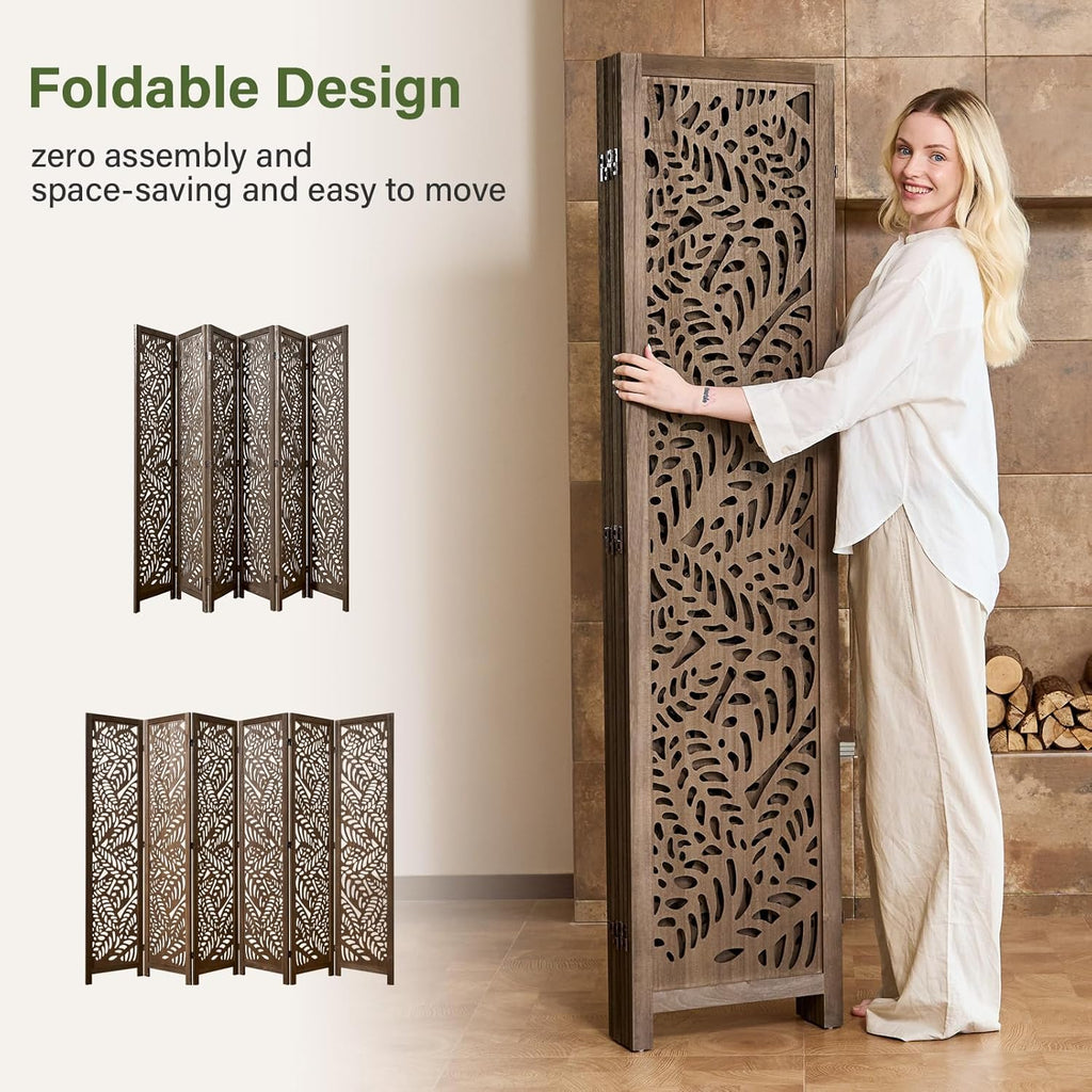 Leaf-Carved Room Divider Privacy Screen - 67 Inch Tall Foading Decorative Wood Screen Dividers Panel for Home - Natural Wood Room Partitions for Enhanced Privacy and Style Brown 6 Panel