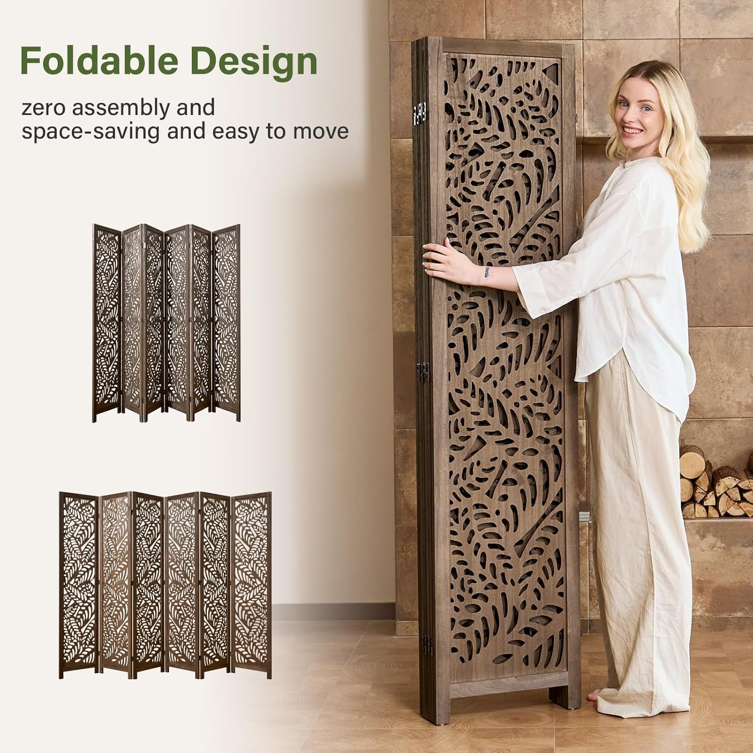 Leaf-Carved Room Divider Privacy Screen - 67 Inch Tall Foading Decorative Wood Screen Dividers Panel for Home - Natural Wood Room Partitions for Enhanced Privacy and Style Brown 6 Panel
