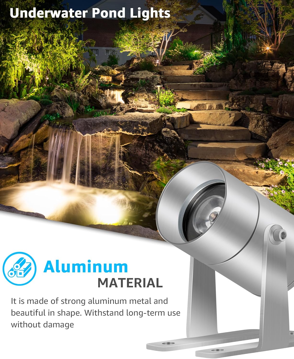 SUNVIE Pond Lights LED Underwater Submersible 12-24V AC/DC Fountain Lights Submersible Outdoor LED 3W Underwater Pond Light for Outdoor Ponds Fountains, IP68 Waterproof Warm White Fountain Ponds Light