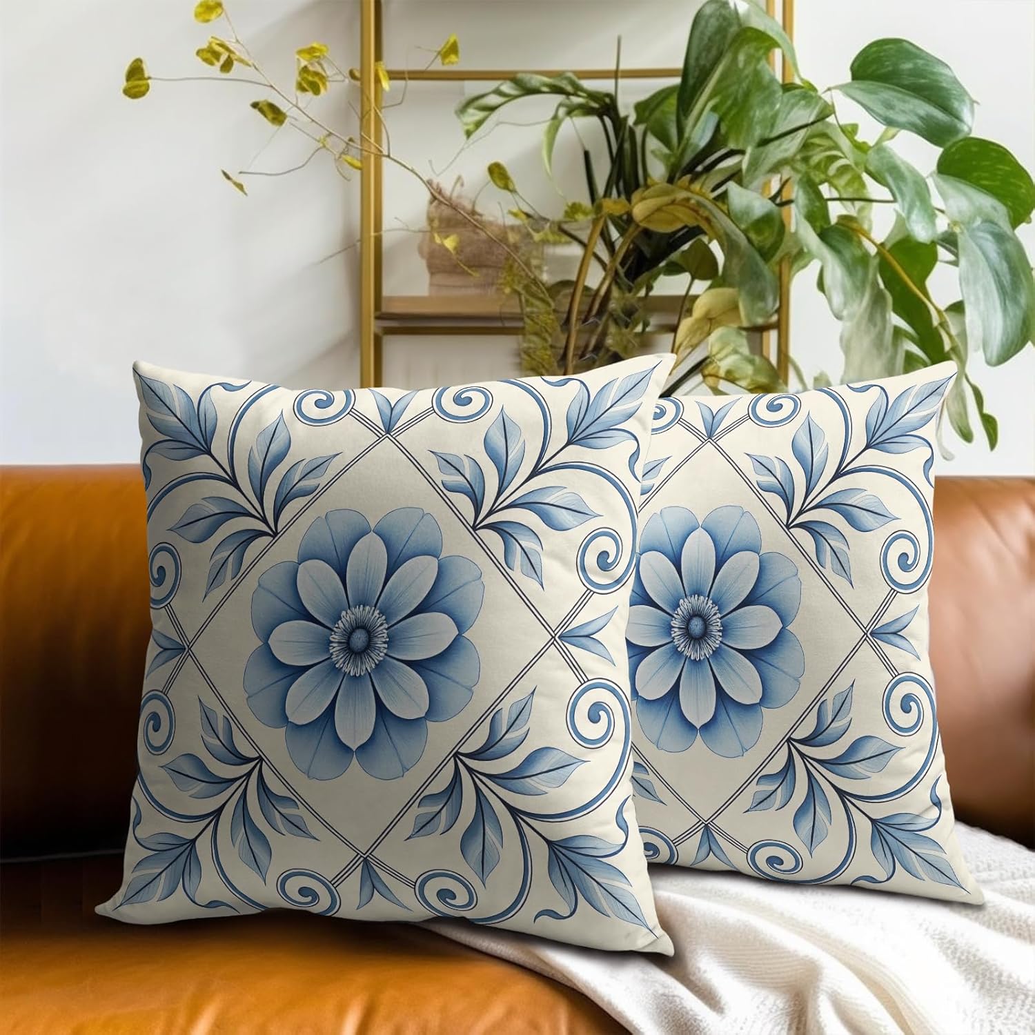Blue and White Floral Throw Pillow Covers Set of 2 Ultra-Soft All-Season Pillow Shams with Hidden Zipper,Durable for Sofa Bed Car Decor & Gift 18x18IN