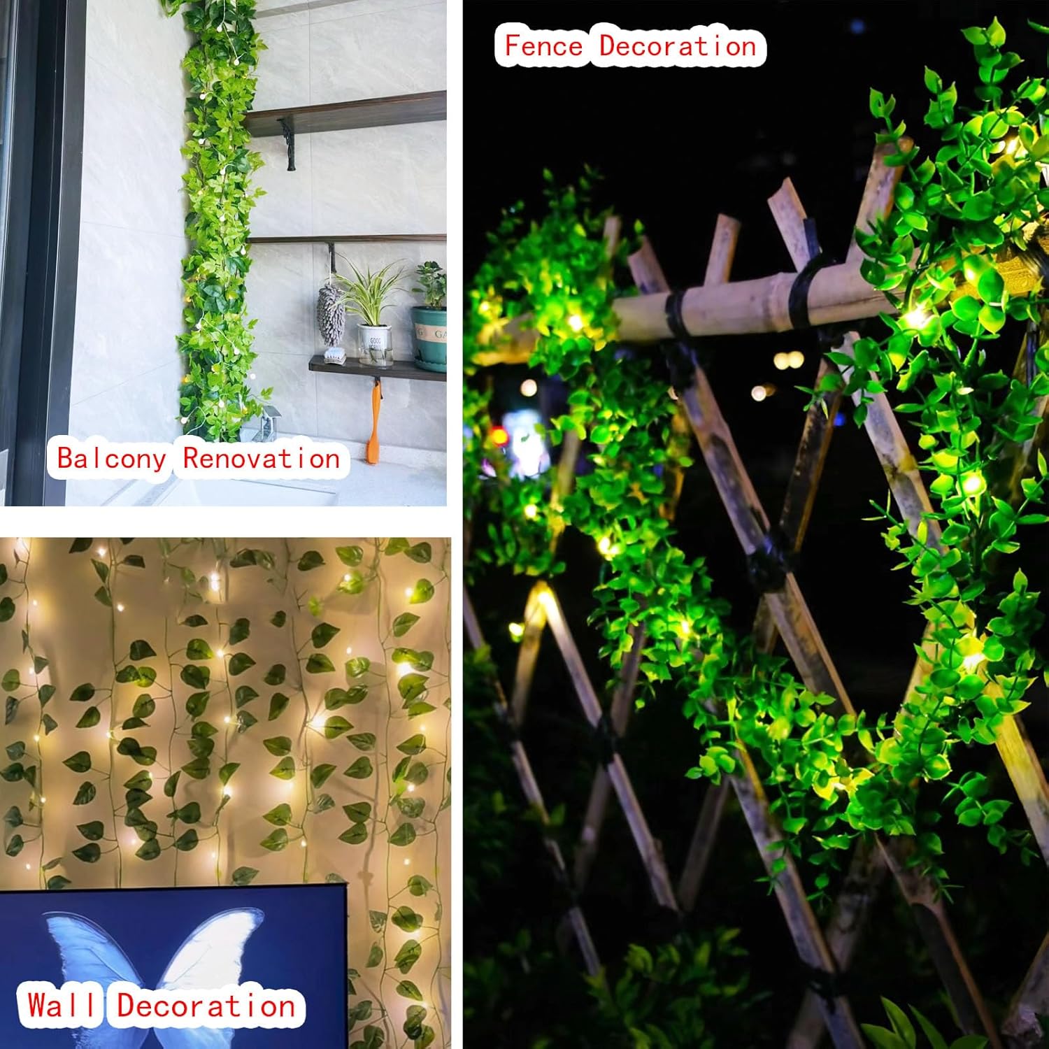 6 Pcs Artificial Hanging Plants Sweet Potato Leaf Vines With 60 Warm Lights, Fake Plant Vine Hanging Garland for Wall, PartyWedding, Home, Kitchen, Indoor and Outdoor Decoration (Creeper Vine Leaves)