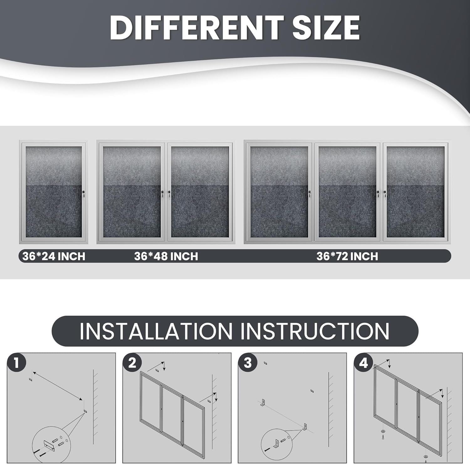 72"x36" Lockable Enclosed Bulletin Board, Outdoor Flet Weather-Resistant Aluminum Frame Notice Board, Wall Mounted Display Case Acrylic Doors for School,Office,Silver Frame w/Grey Flet