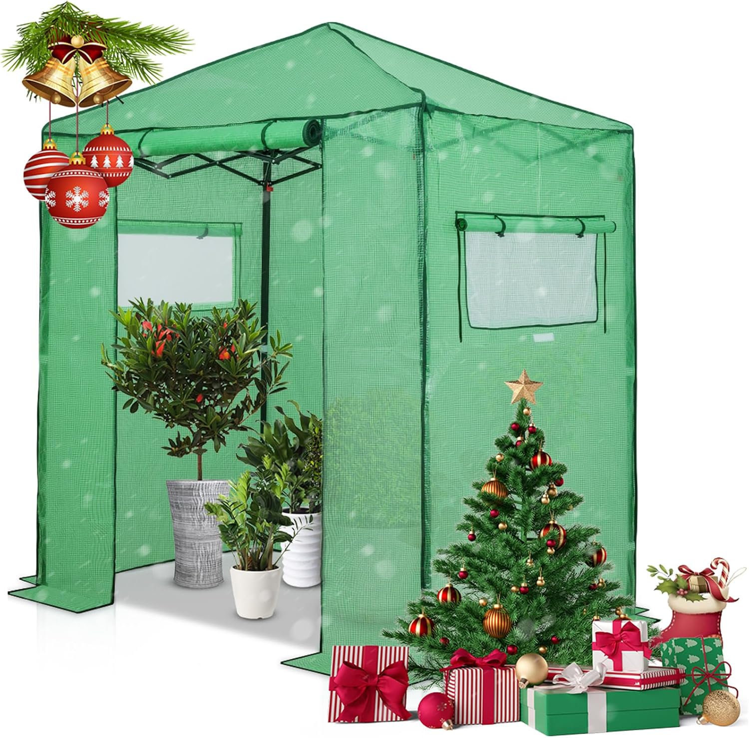EAGLE PEAK Instant Pop-up Greenhouse, Indoor Outdoor Plant Gardening Green House, Roll-Up Zipper Doors and Side Windows, Walk in 6x4 ft, PE Cover, Green/Clear