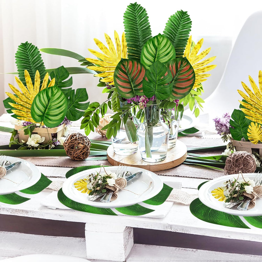 Jungle Party Decorations, 50 Pieces 8 Kinds Palm Leaves Artificial Tropical Monstera, Jungle Leaf with Stem for Jungle Hawaiian Luau Party Table Decoration Wedding Birthday, Green and Gold