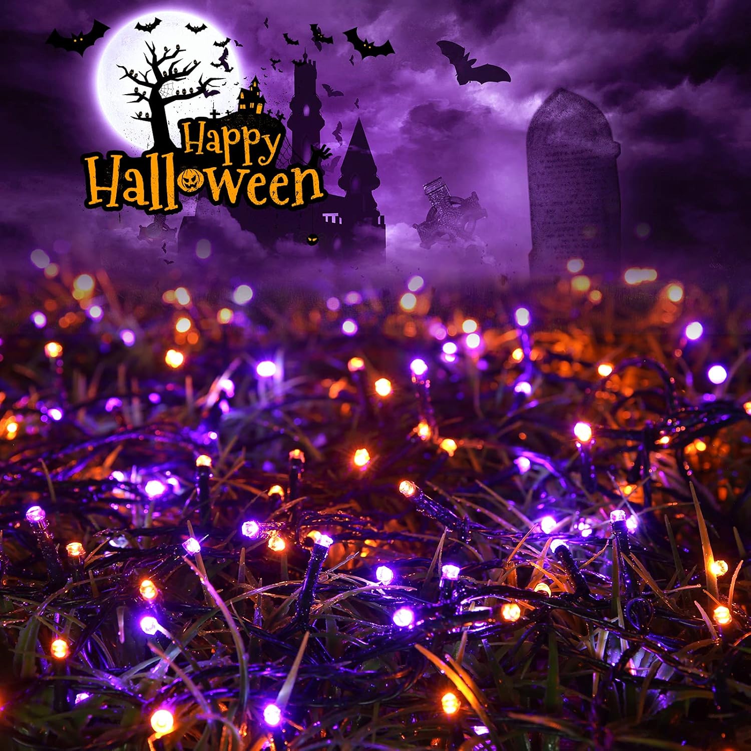 Joomer 2 Pack Orange Purple Halloween Solar String Lights, Total 144 FT 400 LED 8 Modes Waterproof Solar String Lights Outdoor for Halloween Decorations