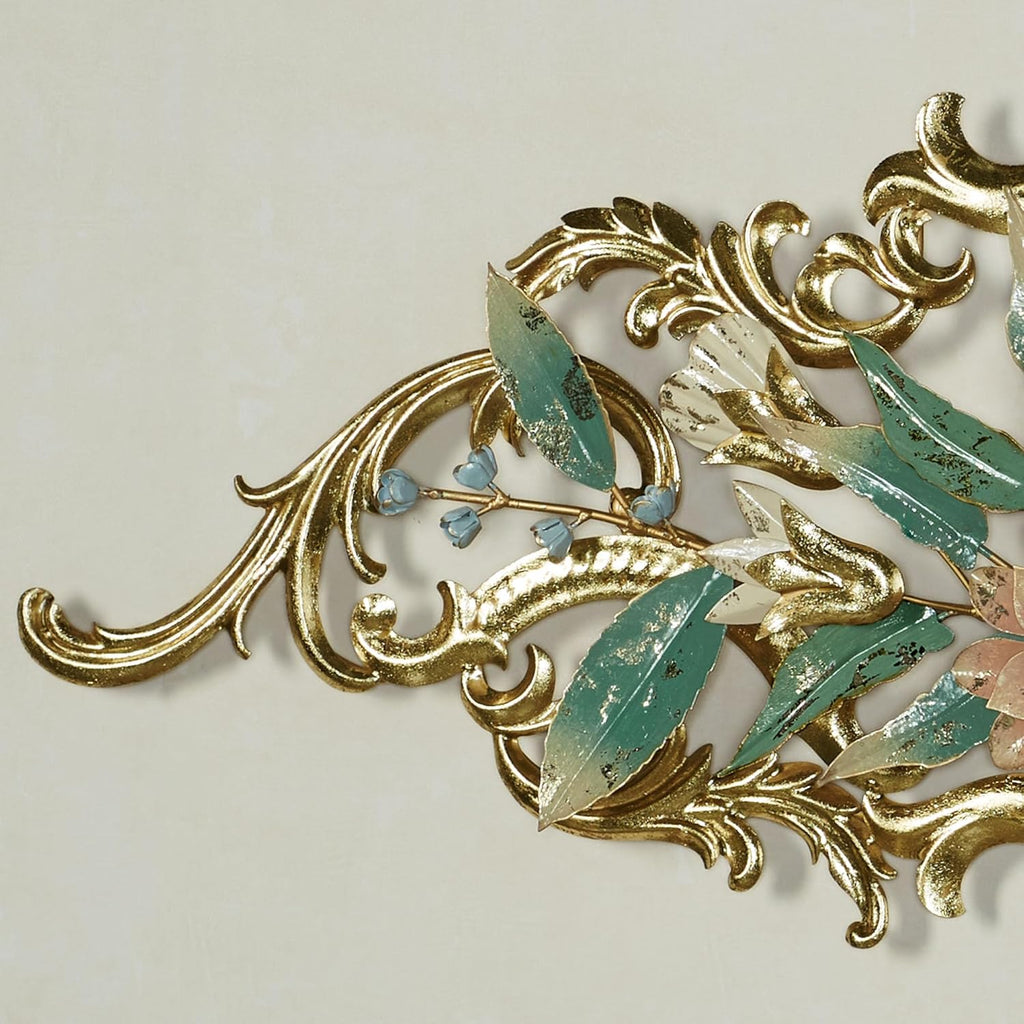 Abylissa Floral Metal Wall Art | Hand-Finished and Hand-Dyed with Pastel-Hued Alcohol Ink | Shimmering Metallic Gold Leaf Detailing | Openwork, Dimensional Flower Wall Sculpture with Regal Scrollwork