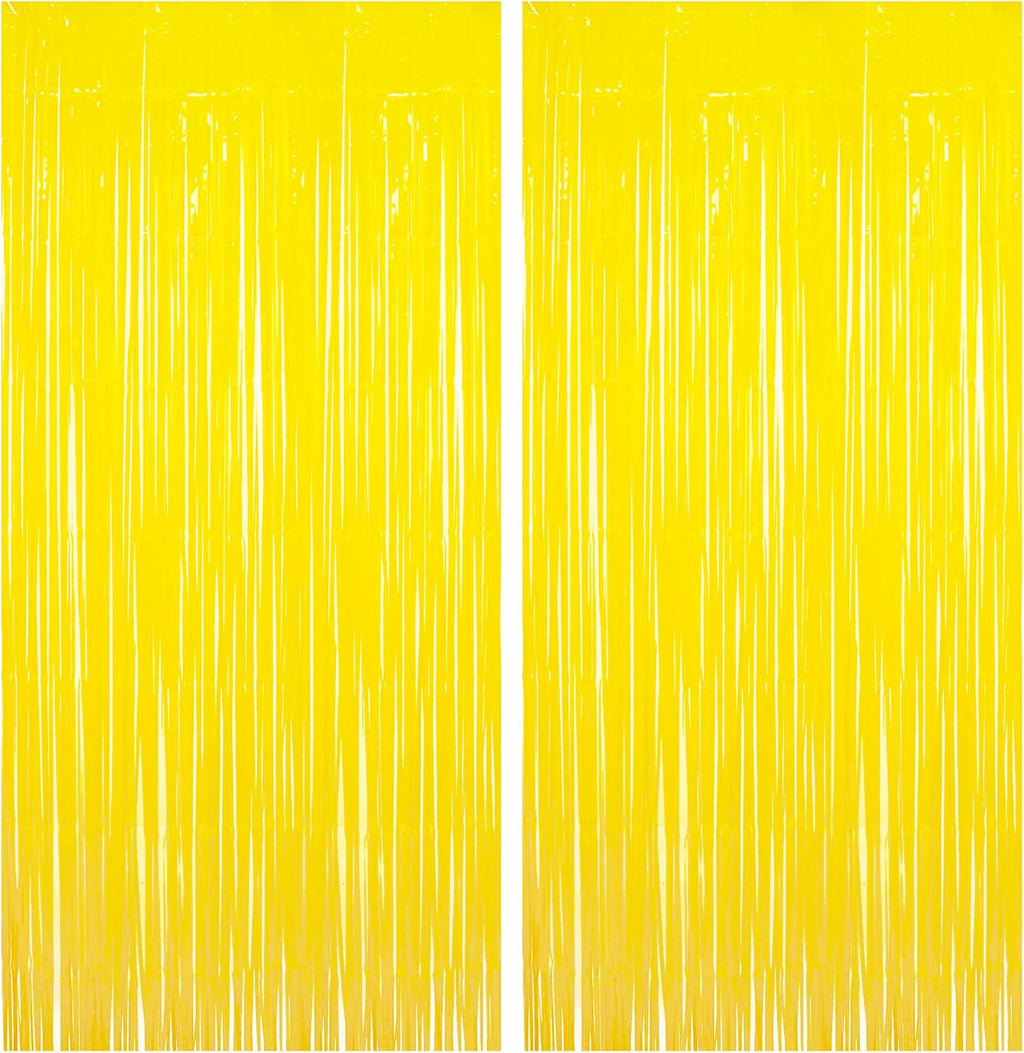 BRAVESHINE Foil Fringe Curtain Backdrop - 2 Pack Yellow Tinsel Photo Booth Backdrop Party Streamers for Easter, Birthdays, Christmas, Lemon, Pineapples, Kids' Party Decorations