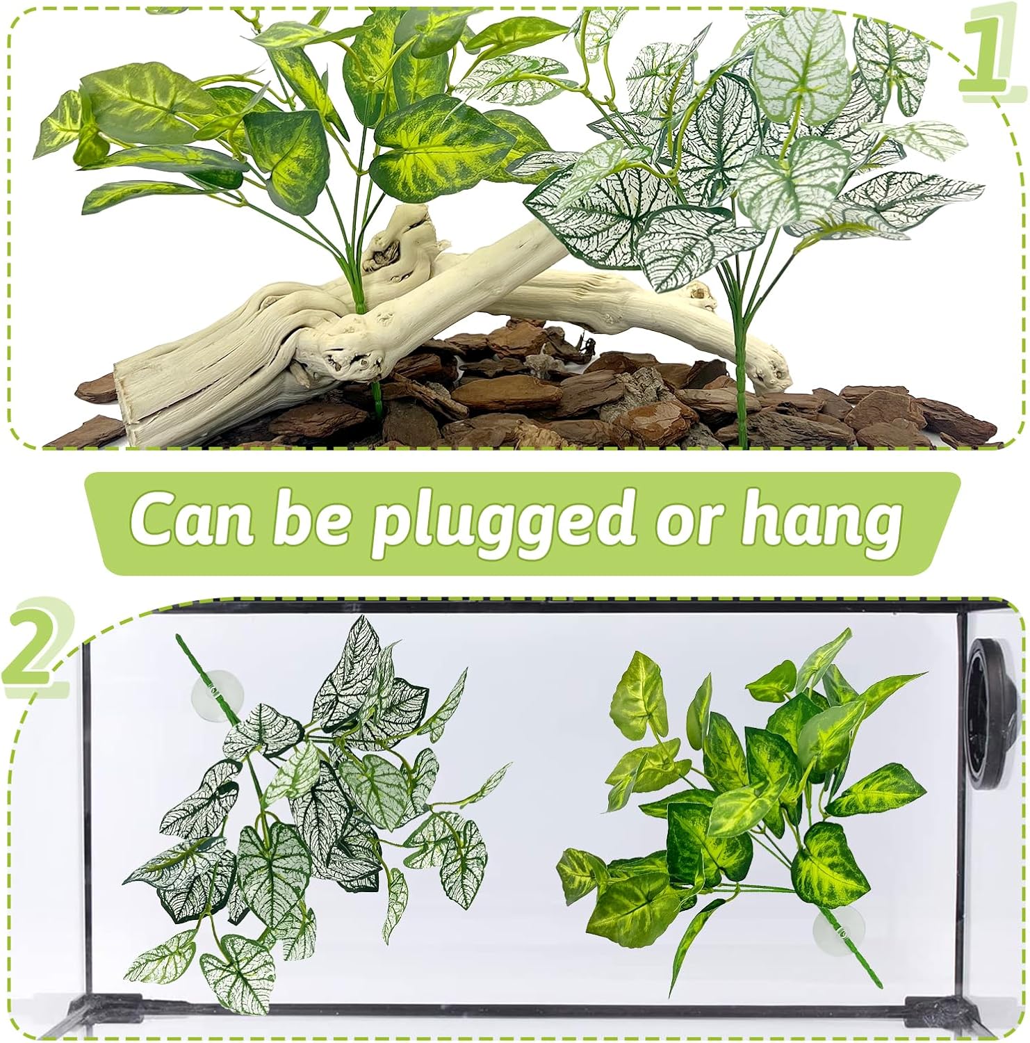 Hamiledyi 5 Pcs Reptile Plants Terrarium Hanging Fake Plant Leaves, Bearded Dragon Tank Accessories, Habitat Decor for Snake Leopard Gecko Lizard Chameleon Spider Turtle (Style 2)