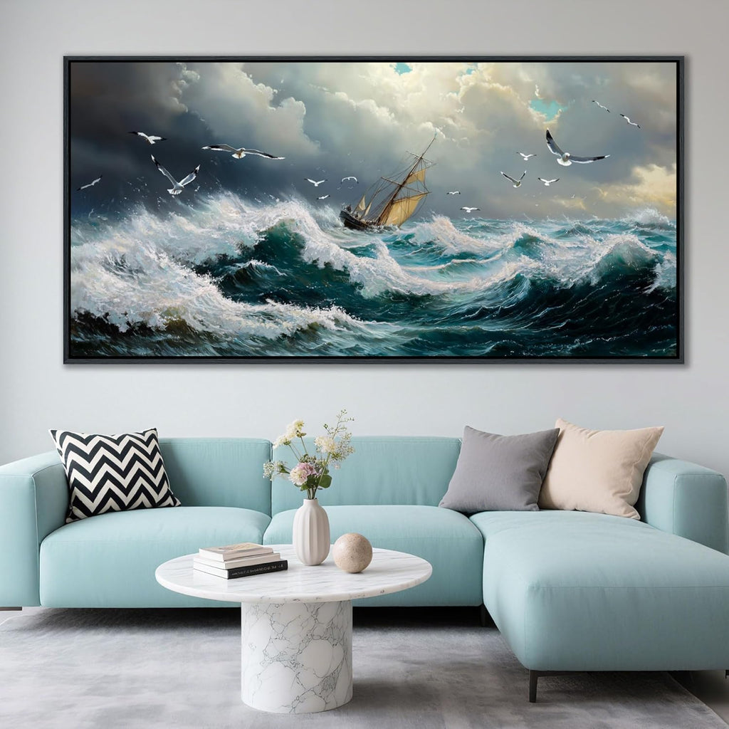 YDYSUNE Ocean Wall Art - Retro Canvas painting Sailboat Wall Decor Textured Picture Artwork Nautical Adventurer Painting Coastal Art Framed for Living Room Bedroom Home 29x58inch