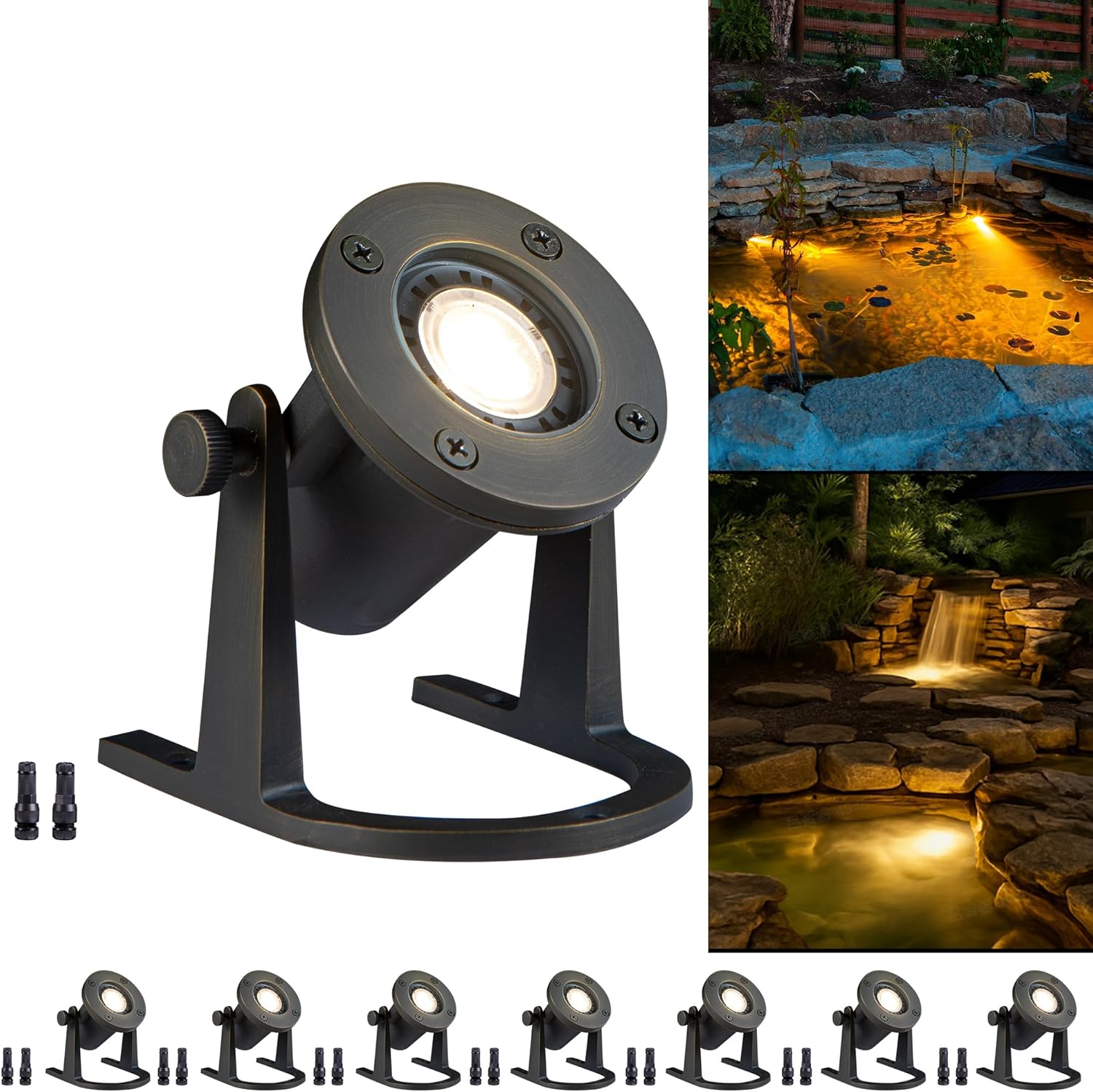 Gardenreet Solid Brass Underwater Pond Light - 12V Low Voltage Submersible Fountain Lights, IP68 Waterproof Bronze Pondlight with MR16 LED Bulb for Outdoor Waterfall Garden Landscape Lighting(8 Pack)