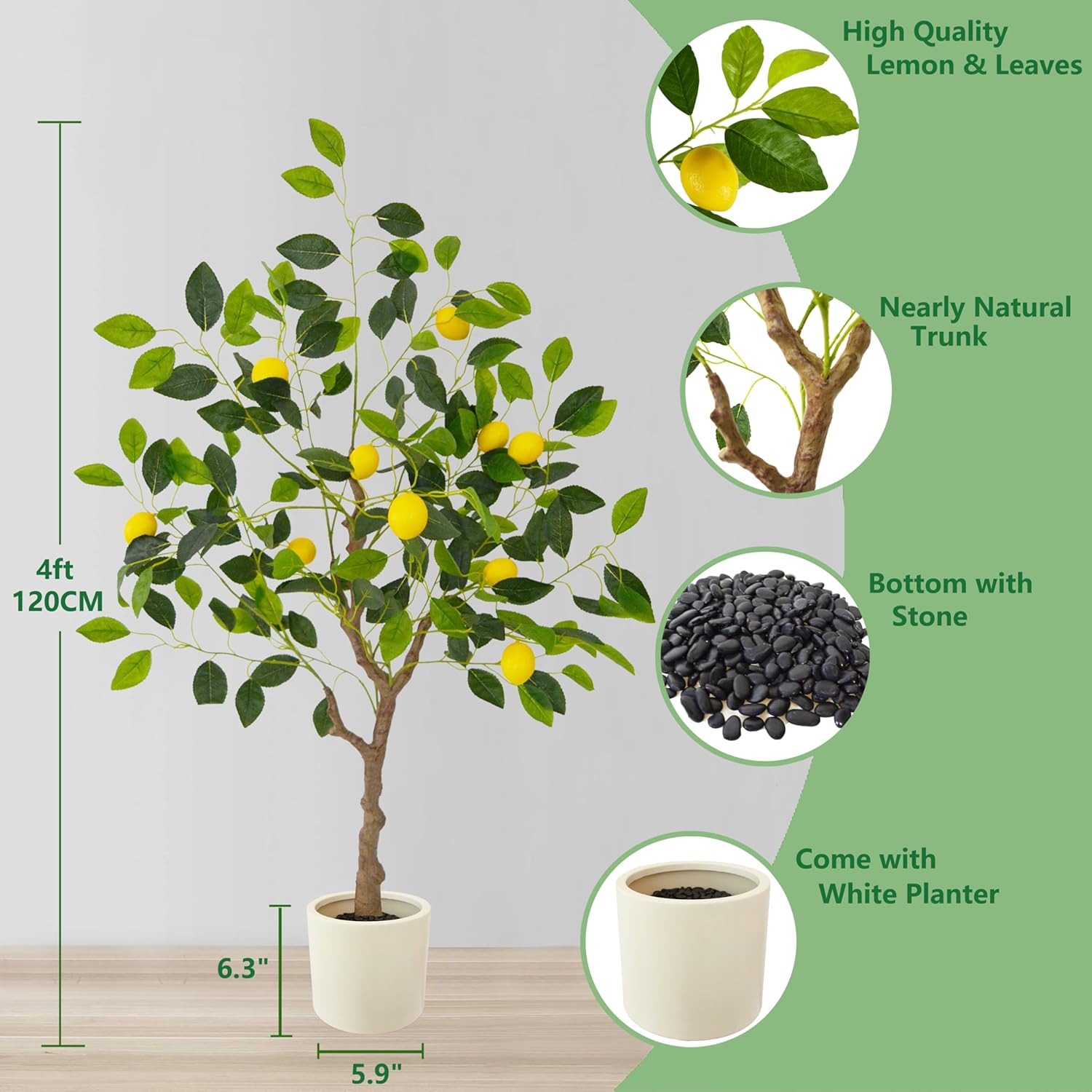 Artificial Lemon Tree, 4ft Tall Fake Lemon Silk Plant with White Planter, Faux Lemon Plastic Fruit Tree for Indoor Home Decor Office Living Room
