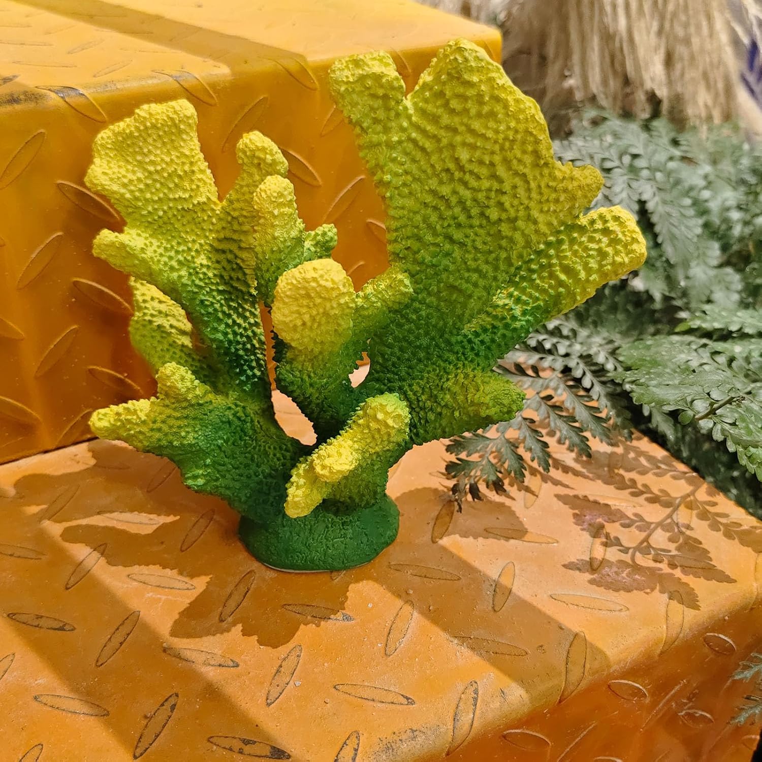 Green Yellow Coral Decor Faux Artificial Coral Reef Resin Nautical Decoration Tabletop Home Living Room Decor (7.8in Tall)