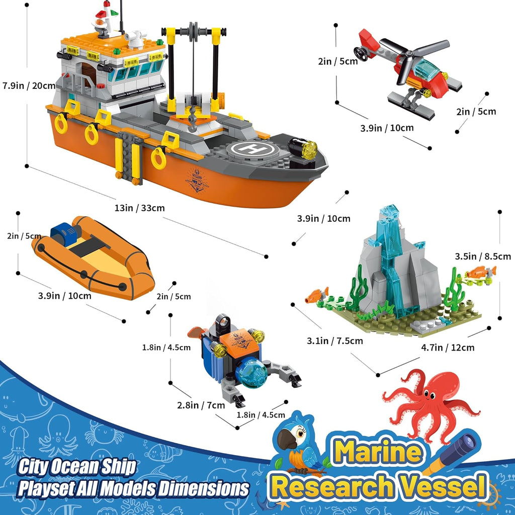 City Ocean Explorer Ship Building Set, Exploration Boat Set Toy Building Block with LED Lights, Helicopter, Submarine and Shark Cage, Birthday Gifts for 6 8 10 12 Years Old Boys Kids Girls