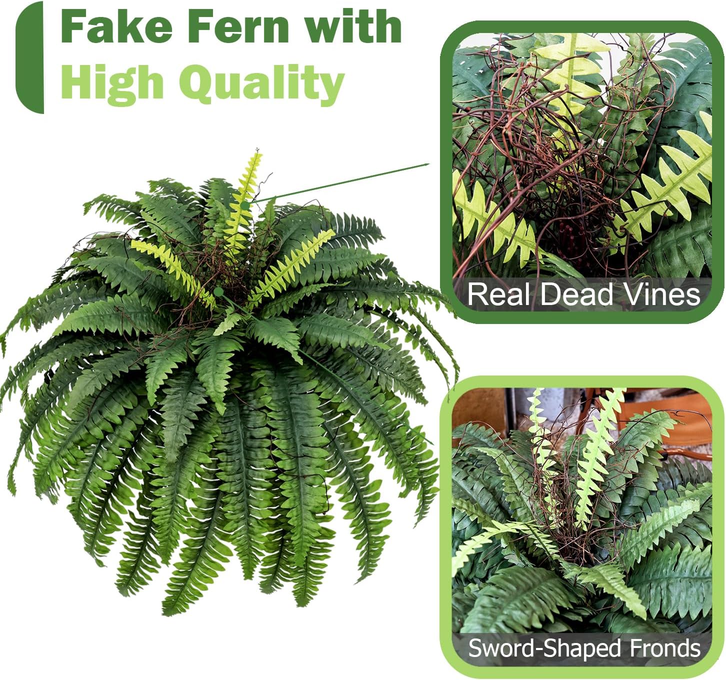 Large Artificial Ferns for Outdoor 47" Fake Boston Fern 60 Fronds Faux Ferns Plant Silk Greenery for Indoors Home Garden Porch Windowsill Decor (1 Stem)