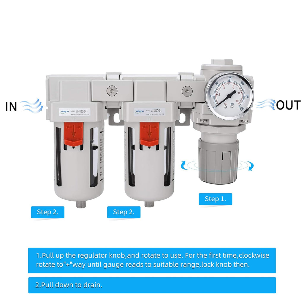 NANPU DFR-04 1/2" NPT Air Drying System - Double Air Filters, Air Pressure Regulator Combo - Semi-Auto Drain, Poly Bowl
