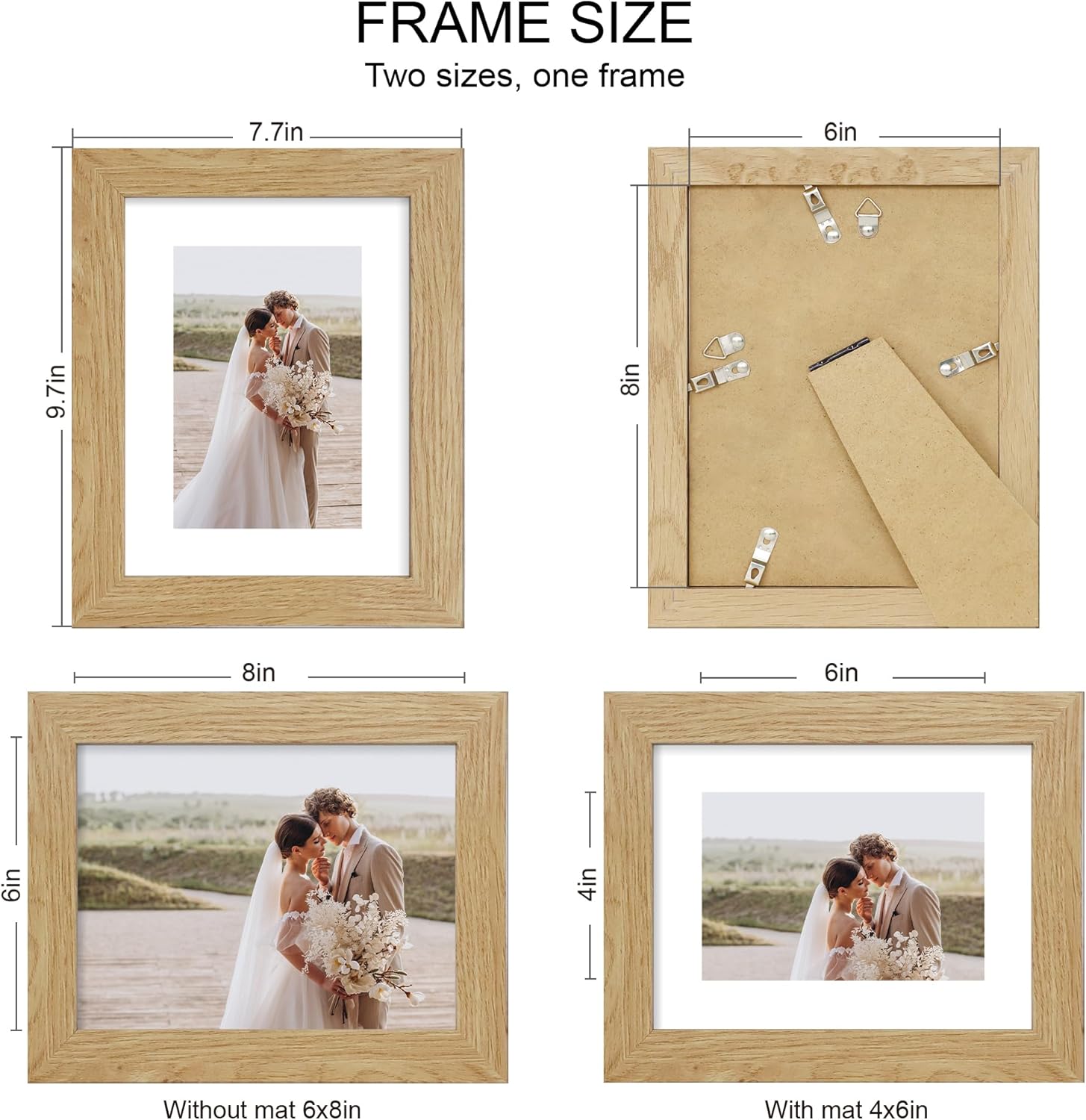 6x8 Picture Frame Set of 4, Made of Real Glass and Natural Oak Frame - Display Picture 4x6 with Mat or 6x8 Without Mat, 6 by 8 Photo for Wall or Tabletop