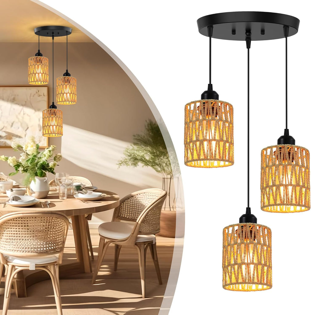 3-Light Rattan Pendant Light, Farmhouse Boho Hanging Light Fixture with Hand-Woven Wicker Shades for Dining Room, Kitchen Island, Bedroom, Living Room, Foyer, Hallway