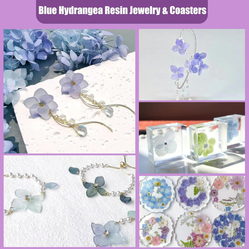 LUXEEASE 140 Pcs Dried Pressed Hydrangea Flowers for Crafts, Real Natural Blooms in Blue, Pink & White Tones with Foliage Accents, Perfect for Resin Art, DIY Jewelry & Home Decor – Tweezers Included