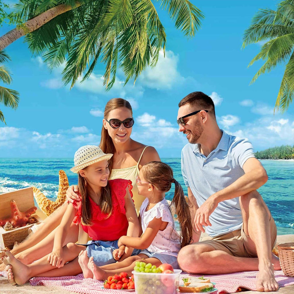 5X7ft Polyester Blue Summer Beach Seaside Sunset Backdrop Tropical Hawaiian Ocean Palm Tree Photography Background for Aloha Luau Party Decoration Supplies Banner Photo Booth Props