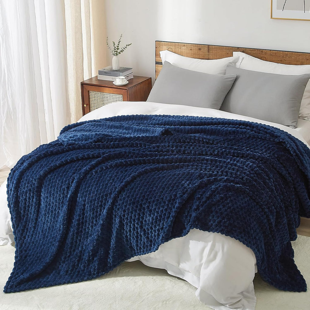 PHF Ultra Soft Flannel Fleece Blanket Queen Size, Lightweight 3D Jacquard Fleece Blanket, No Shedding, No Pilling, Luxury 340GSM Aesthetic Fluffy Cozy for Bed Room Decor, 90"x90", Navy Blue