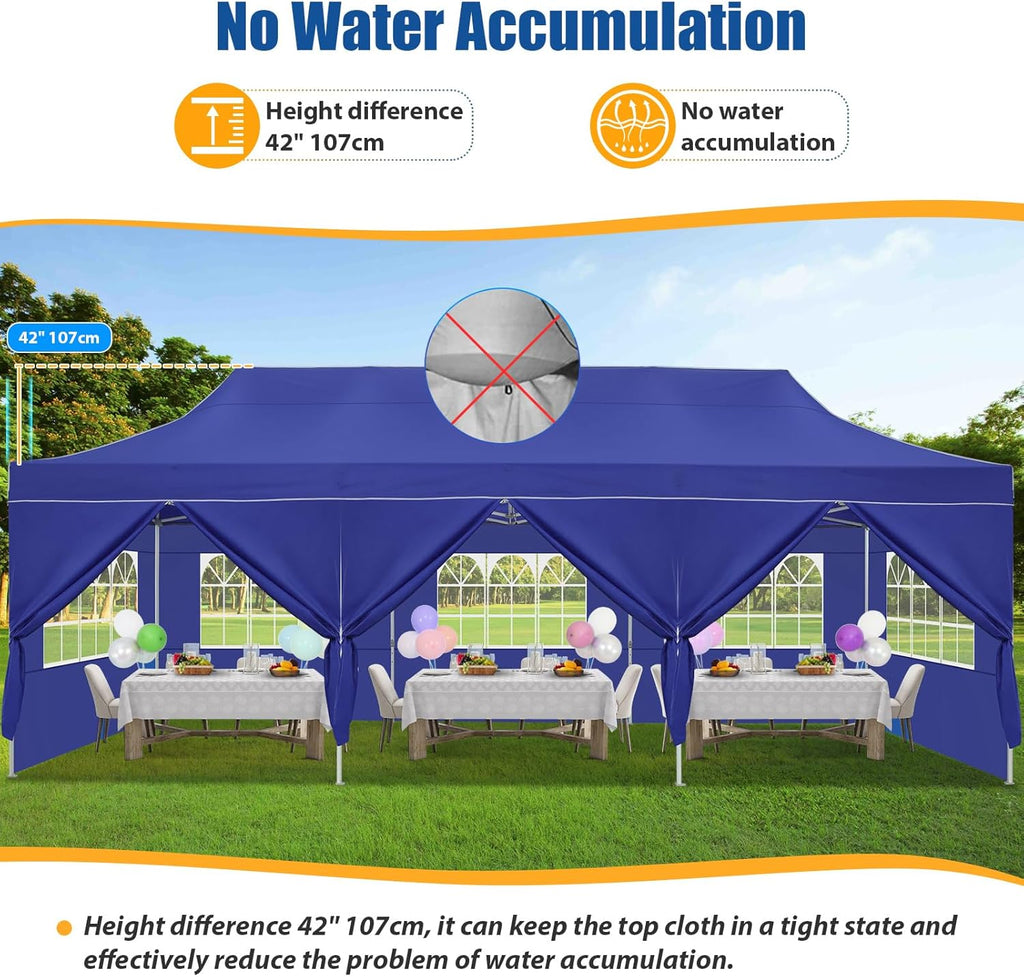 HOTEEL 10x30 Pop up Canopy Tent for Parties, Heavy Duty Easy Setup Tent with 8 Sidewalls, Outdoor Commercial Instant Gazebo for Wedding Event, with Portable Bag & Sand Bags, Dark Blue(Hexagonal Frame)