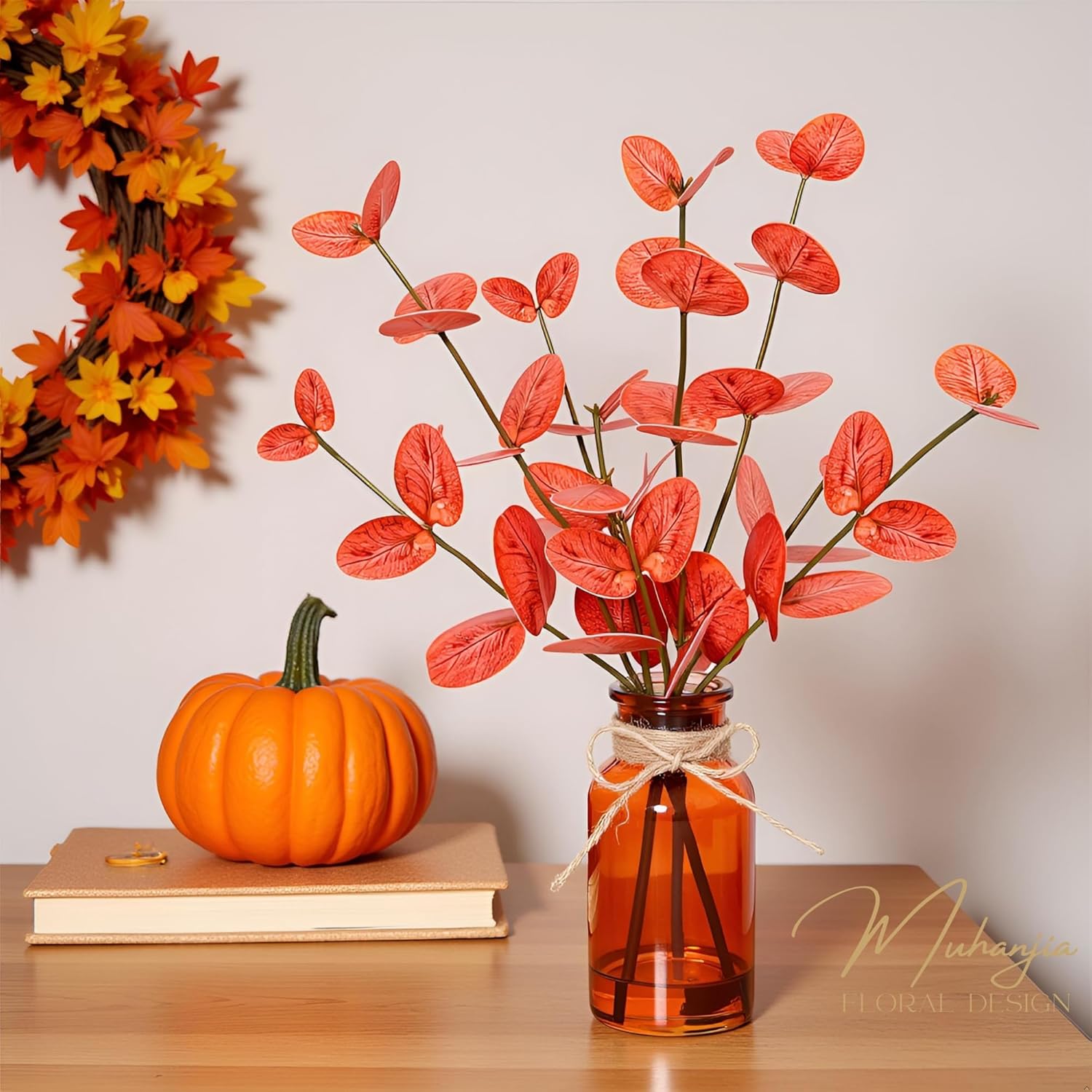 Artificial Eucalyptus Stems in Amber Glass Vase with Faux Water,3Pcs Fake Plant with Double-Sided Orange Leaves for Centerpiece (Double-Sided Orange Eucalyptus)