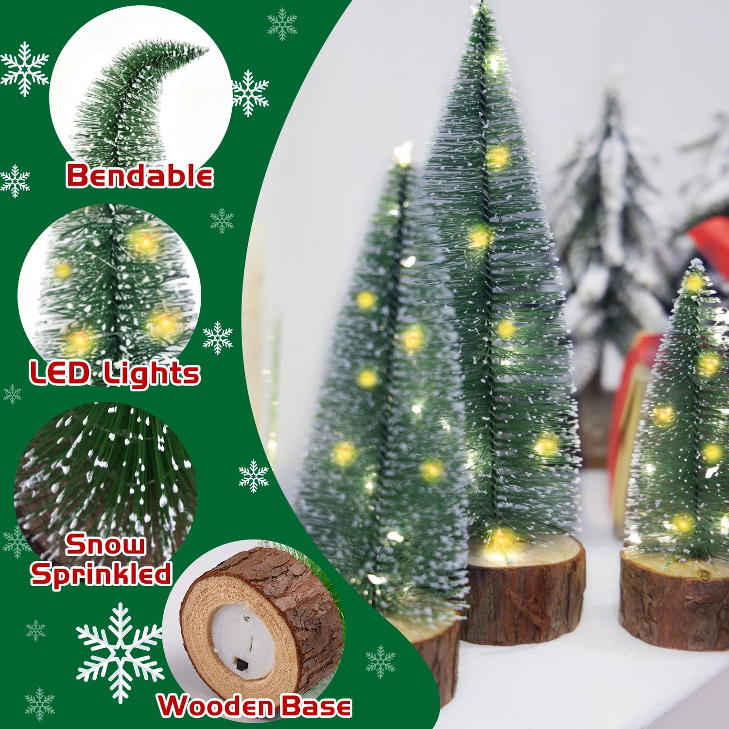 4Pcs Mini Christmas Trees with Light Small Artificial Bottle Brush Trees with Wooden Base Miniature Pine Tree Table Top Decoration for Party Home Xmas Holiday