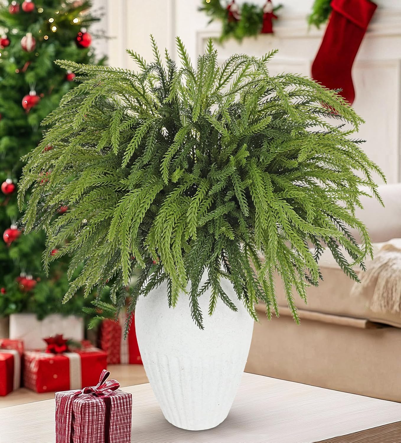 Briful Artificial Norfolk Pine Stems for Christmas Decor, 19 1/2’’ Faux Greenery Branch, Realistic Holiday Cedar Pine Picks for Vase, Garland, Mantel, DIY Floral Arrangement, Set of 12