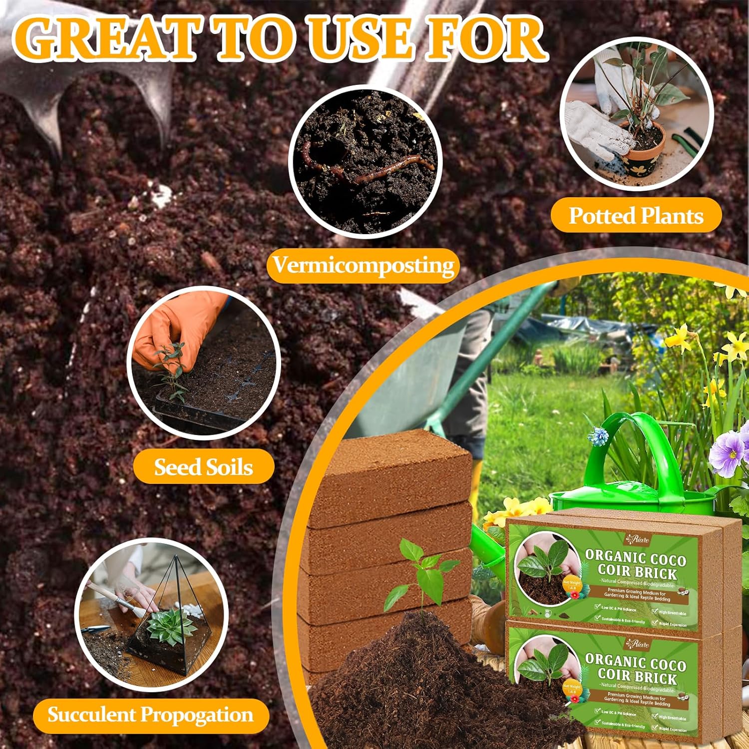 Riare 2pcs Organic Coco Coir Bricks Soil Blocks- 100% Natural Compressed Coco Peat Brick Coconut Fiber Substrate with Low EC& pH Balance, High Expansion Coco Coir Pith Coconut Husk for Garden