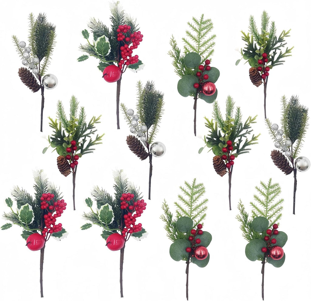 12 Pack Christmas Pine Picks with Red Berry Stems, Holly Eucalyptus Branches with Pinecone Sliver Ornament for Vase Filler Floral Arrangements DIY