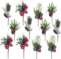 12 Pack Christmas Pine Picks with Red Berry Stems, Holly Eucalyptus Branches with Pinecone Sliver Ornament for Vase Filler Floral Arrangements DIY