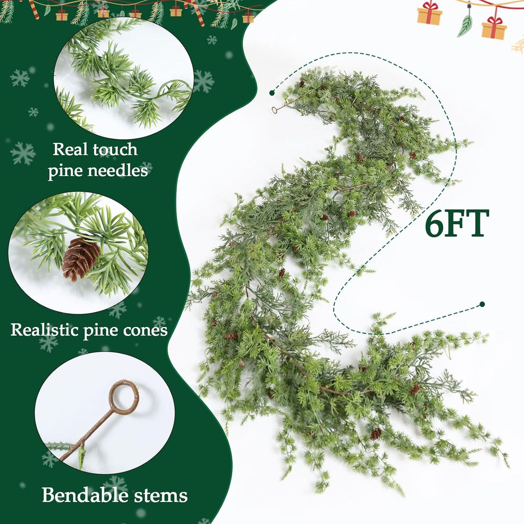 MIZII Christmas Garlands 6 Feet Artificial Pine Garland with Pinecone Green Plant Pines Vine Greenery Garland Christmas Decorations for Xmas Fireplace Mantle Home Decor Indoor Outdoor (Hanging Pine)