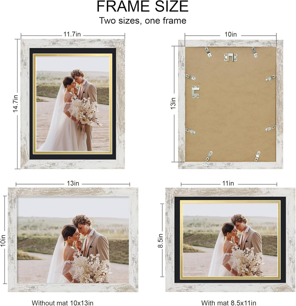 10x13 Picture Frame Set of 4, Made of Real Glass and Distressed White Frame, 10 by 13 Photo for Wall or Tabletop - Display Picture 8.5x11 with Mat or 10x13 Without Mat