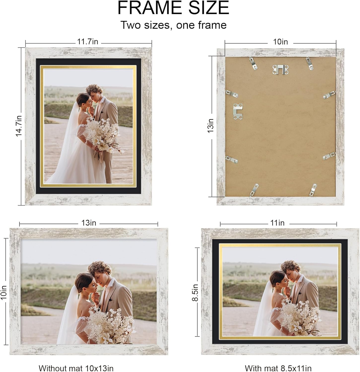 10x13 Picture Frame Set of 4, Made of Real Glass and Distressed White Frame, 10 by 13 Photo for Wall or Tabletop - Display Picture 8.5x11 with Mat or 10x13 Without Mat