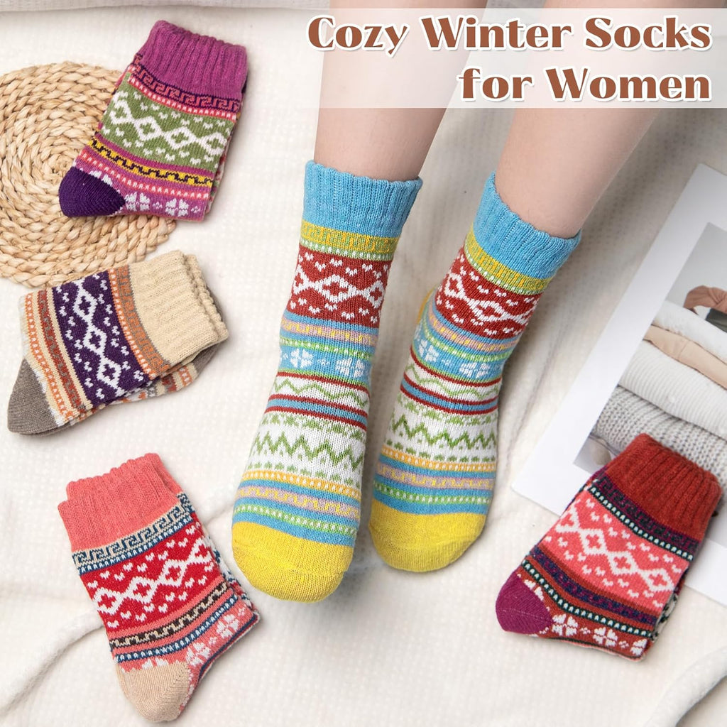 Justay 5 Pairs Wool Socks for Women - Winter Thick Boot Cozy Crew Vintage Soft Calf Knit Warm Socks Gifts