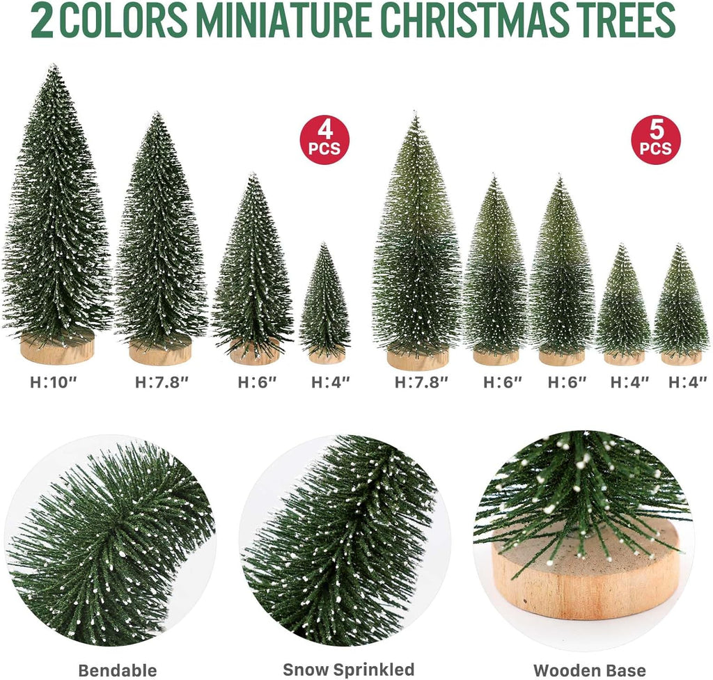 9Pcs Mini Christmas Trees Christmas Decor Artificial Christmas Decorations with 4 Sizes, Christmas Tree Bottle Brush Trees Christmas Table Decorations (Dark Green Two-Tone)