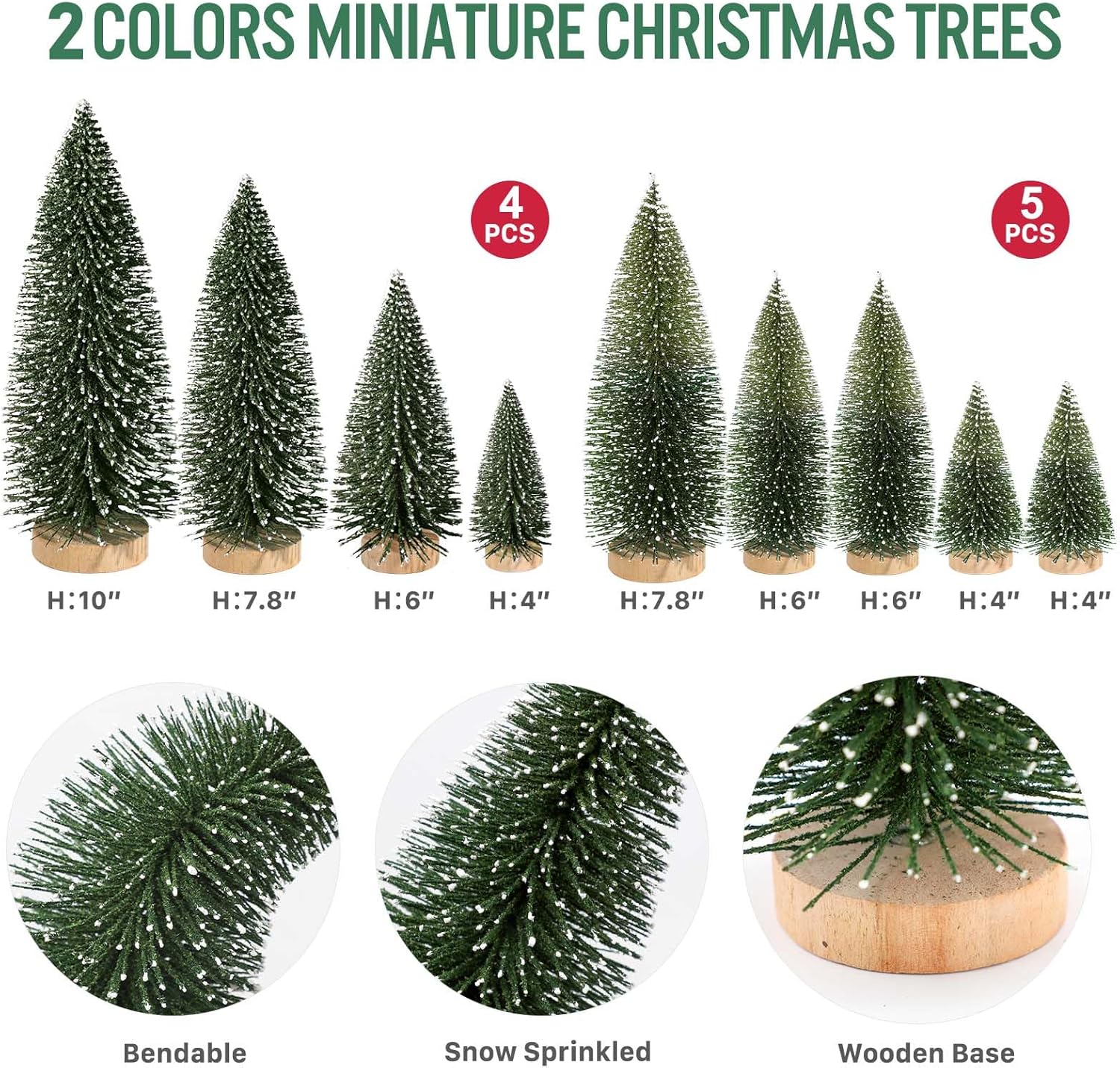 9Pcs Mini Christmas Trees Christmas Decor Artificial Christmas Decorations with 4 Sizes, Christmas Tree Bottle Brush Trees Christmas Table Decorations (Dark Green Two-Tone)