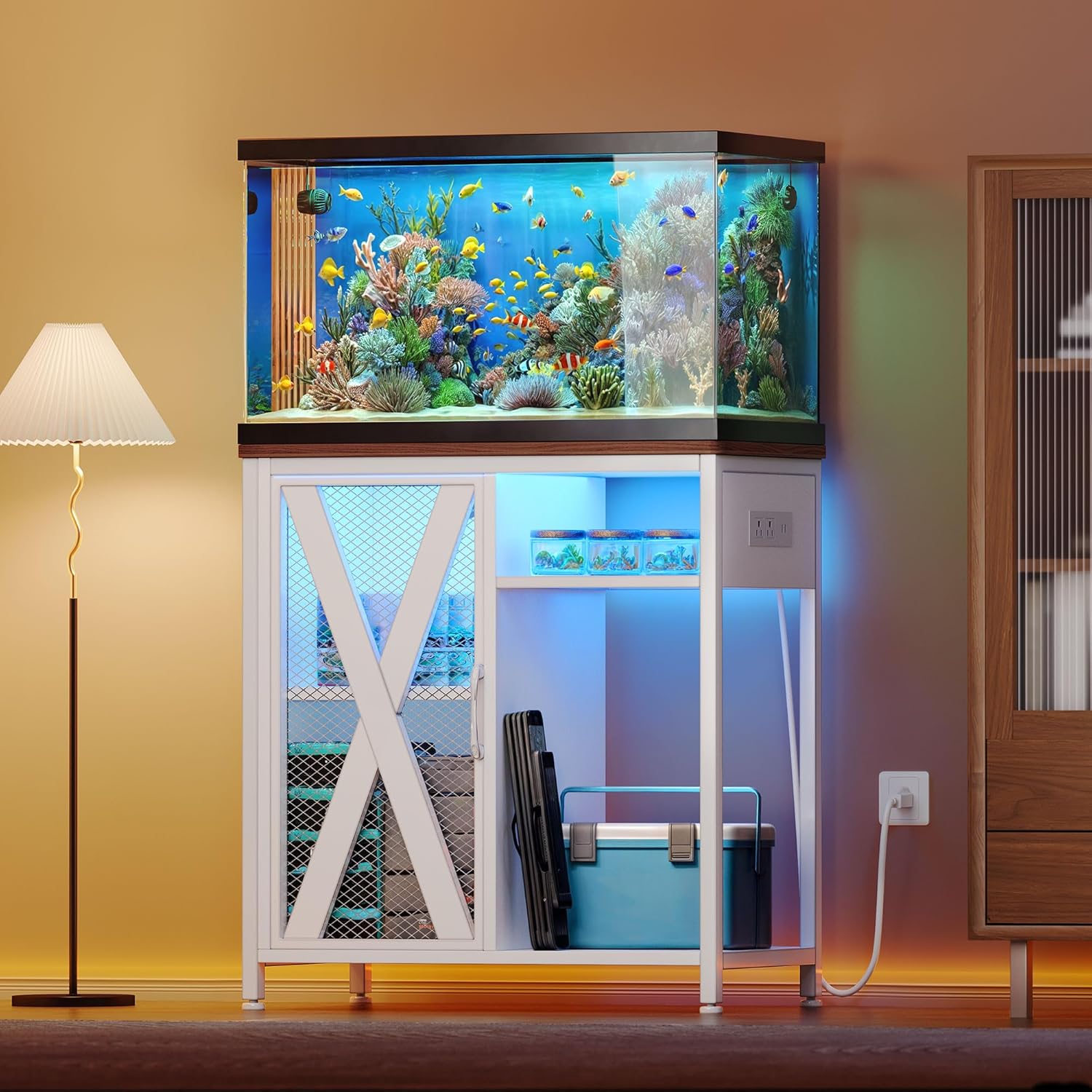 YITAHOME Fish Tank Stand with Power Outlets & LED Light, 20-29 Gallon Metal Aquarium Stand with Cabinet for Fish Tank Accessories Storage for Turtle, Reptile Terrarium, 350LBS Capacity, White
