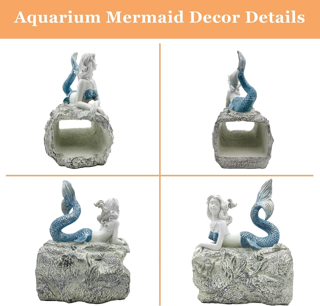 Teaeeno Faux Log Fish Cave, Predator Control and Decorative Shelter for Koi and Fish, Ponds, Aquariums, and Terrariums, Mermaid Statue Decor, Mermaid Decoration Sculptures