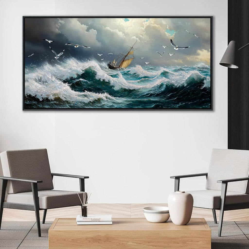 YDYSUNE Ocean Wall Art - Retro Canvas painting Sailboat Wall Decor Textured Picture Artwork Nautical Adventurer Painting Coastal Art Framed for Living Room Bedroom Home 29x58inch