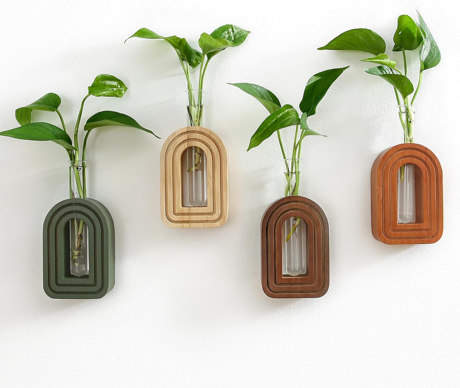 Wood Wall Arched Propagation Vases (Set of 4), Hanging Plant and Flower Vases, Home Decor Boho Wall Decoration for Living Room Bedroom
