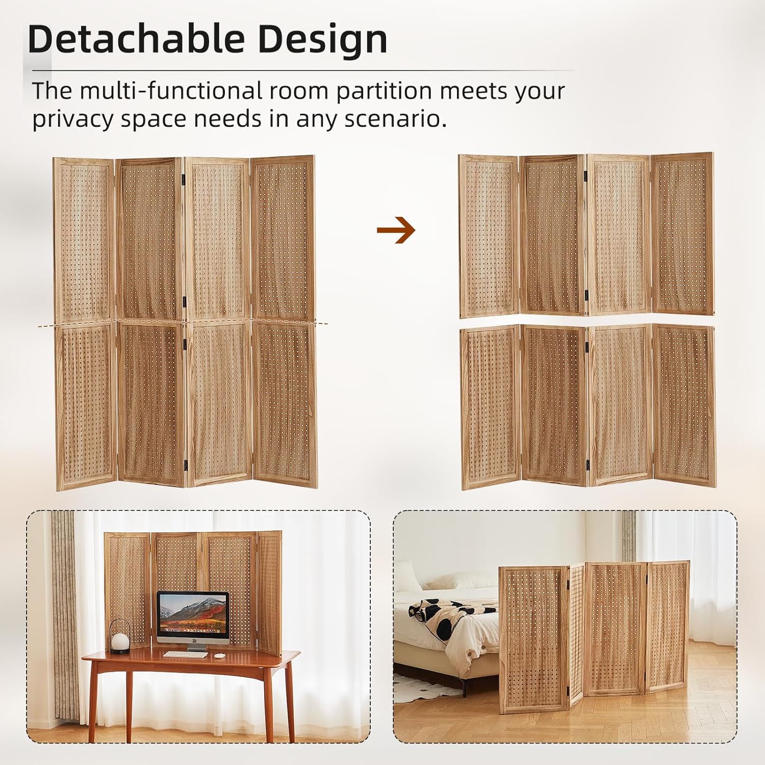 5.6Ft Wood PegBoard Room Divider 4 Panel Detachable Folding Privacy Screen Pegboard Display 33.5" 2in1 Standalone Portable Wall Divider Room Partition for Jewelry, Craft Show, Bedroom-Natural