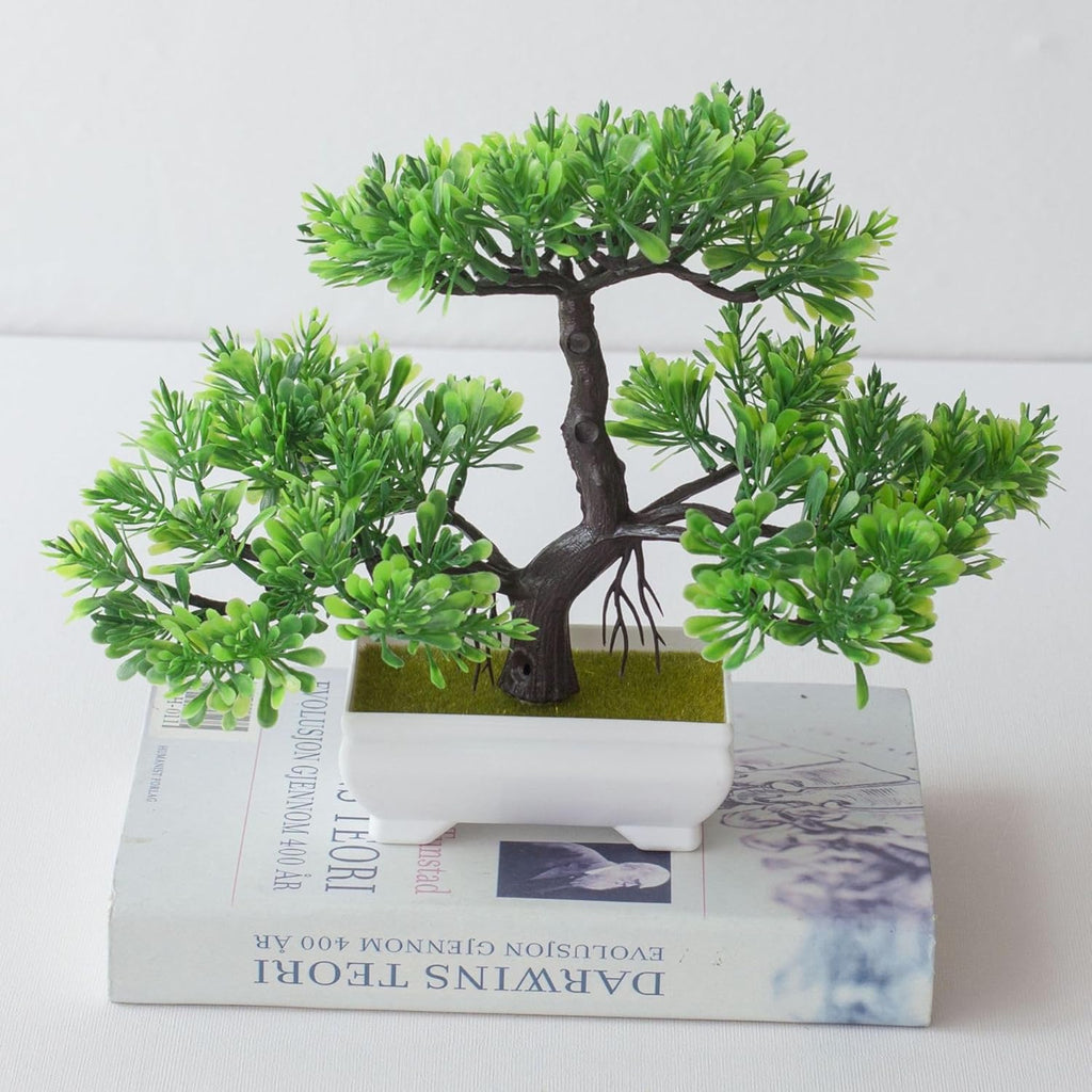 Mini Artificial Bonsai Tree Fake Plants - Artificial Plant Welcome Pine Treewith Plastic Cement Pots for Home Office Décor (Green)