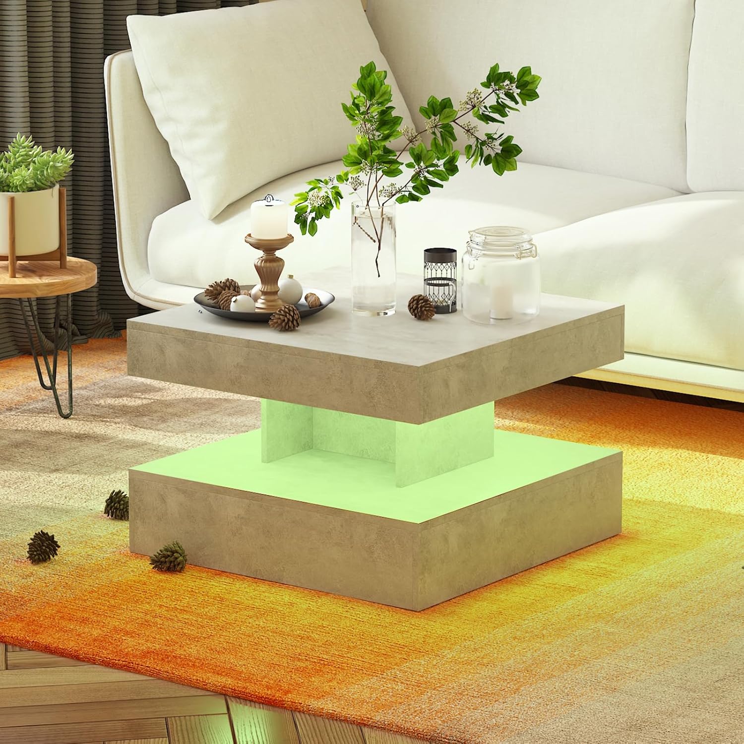 Small Grey Led Coffee Table for Living Room, 23.6" Wood Square 2-Tier Storage Modern Center Table, Modern High Glossy Wooden Coffee Tables for Small Space