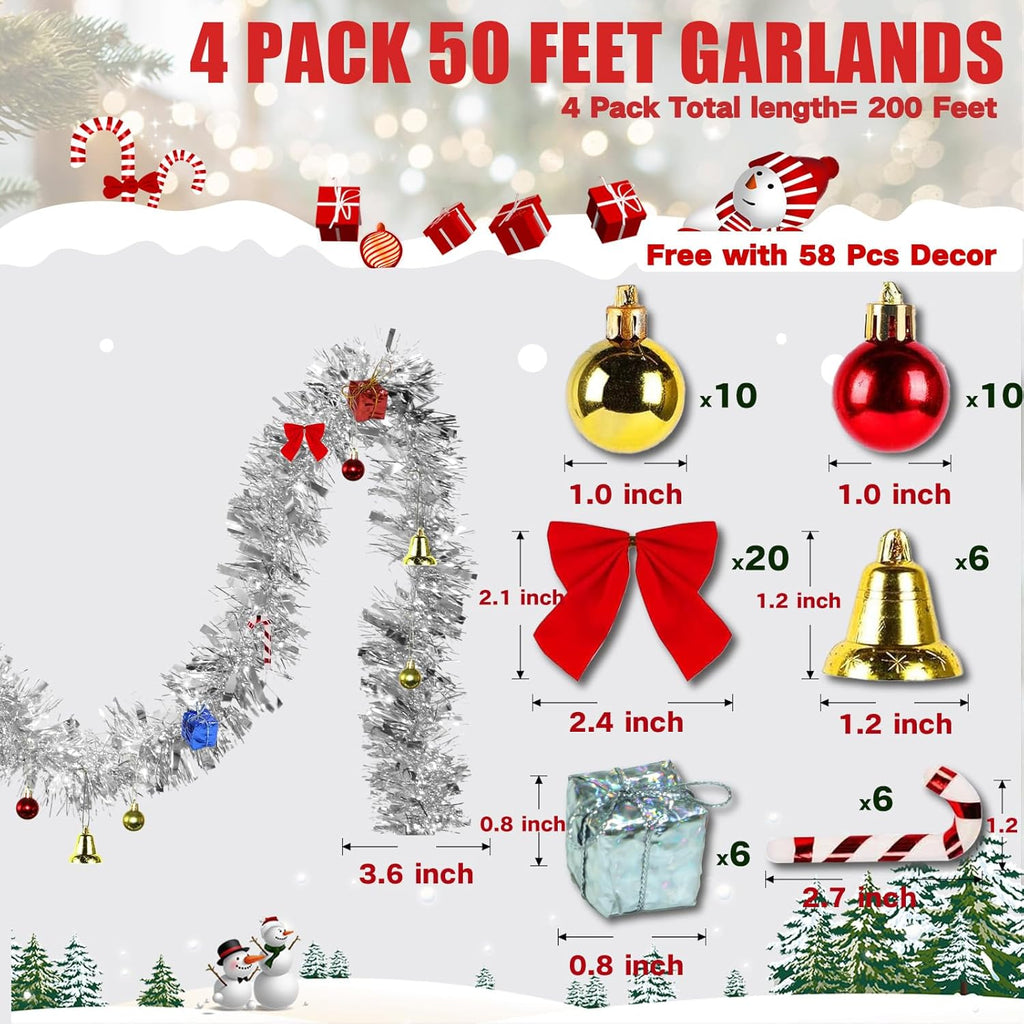 4 Pack Silver Tinsel Garland - 200Ft Metallic Hanging Tinsel for Christmas Tree, Home & Party Decorations Indoor/Outdoor